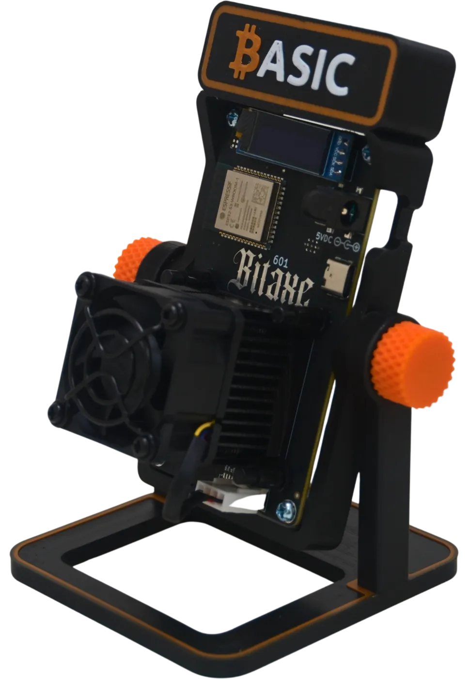 The ₿ASIC Solo Miner on its orange-accented stand: Bitaxe Gamma board, fan and heatsink, OLED display